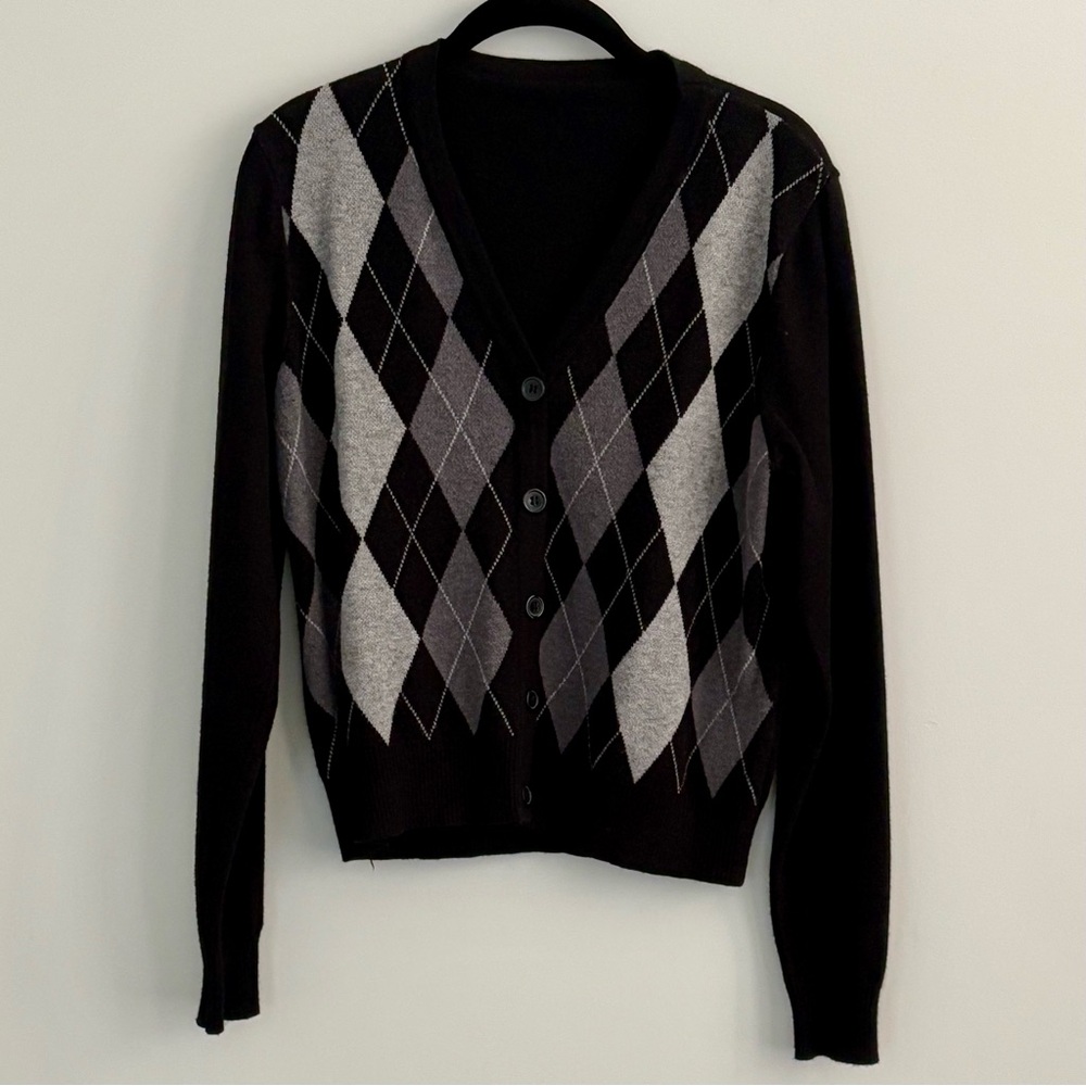 Y2K Black and Gray Argyle V-Neck Cardigan